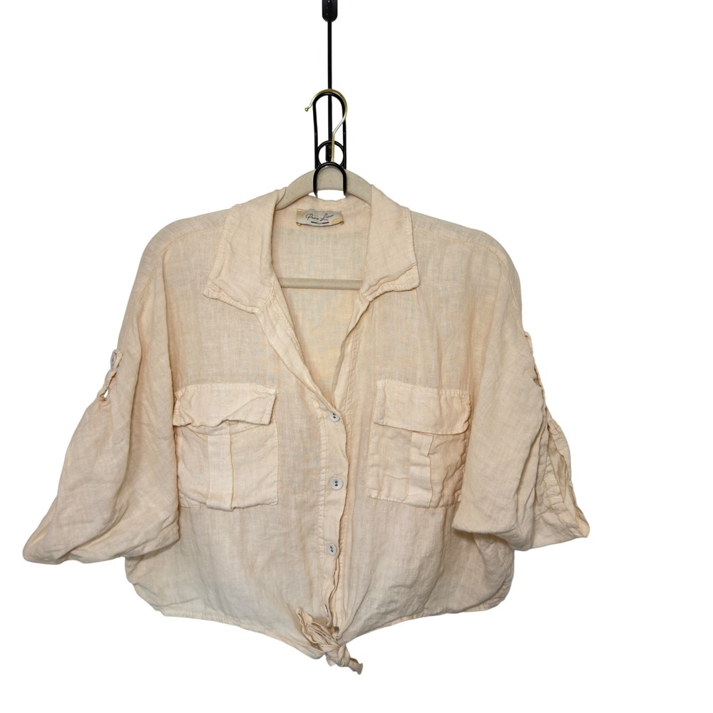 Purr Lino Cream Linen Tie Front Crop Shirt Lagenlook Quiet Luxury Utility Wear